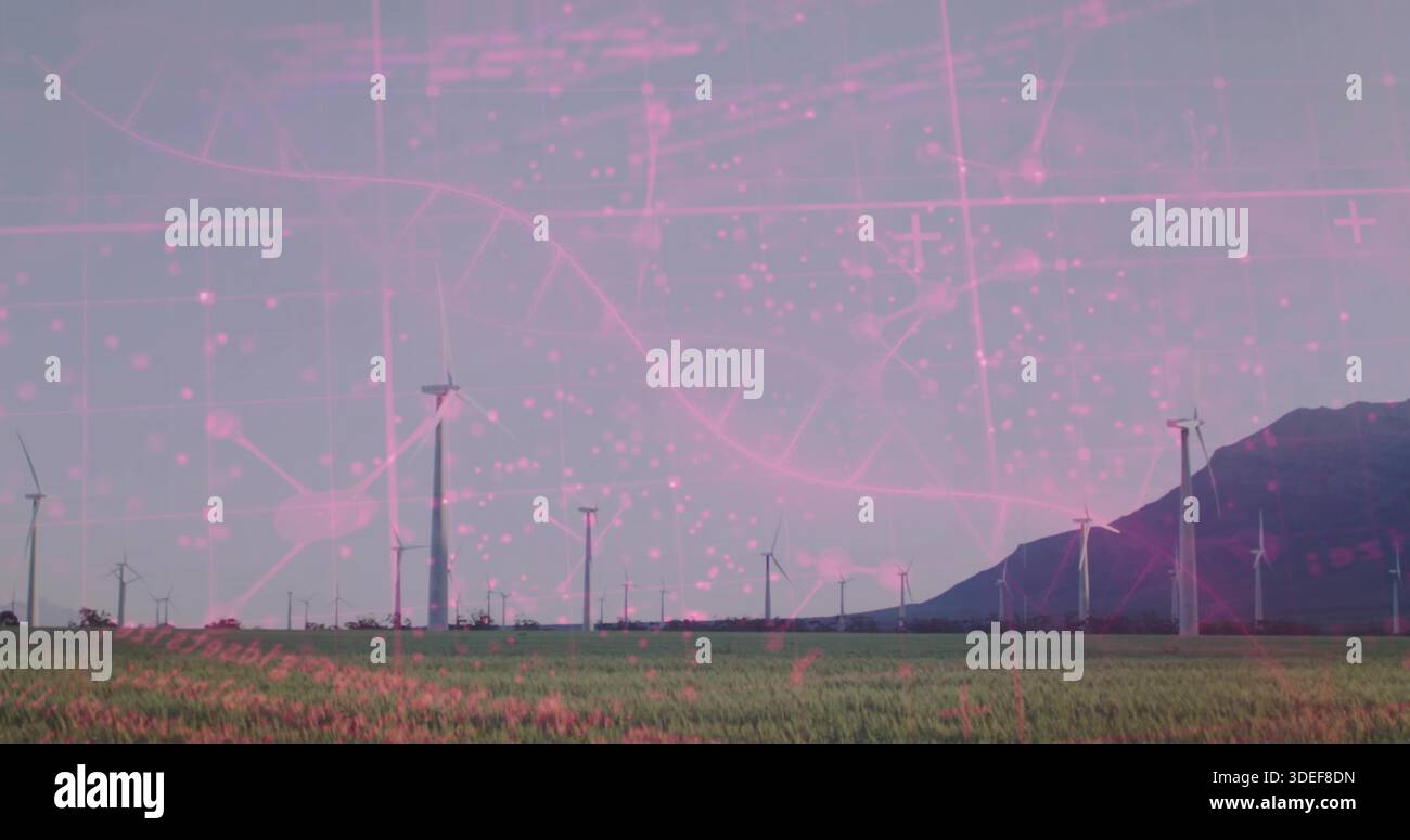 Visualizzazione di una fila di turbine eoliche che girano su un campo erboso vicino alla cresta della montagna, con sovrapposizione rosa Foto Stock