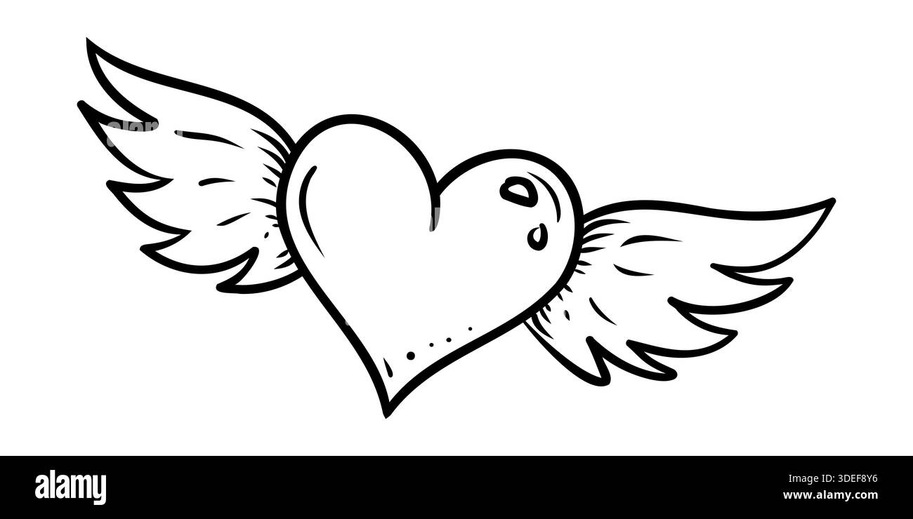 Illustrazione del contorno del cuore alato. Simbolo di amore e libertà disegnato a mano. Illustrazione vettoriale isolata su sfondo bianco Illustrazione Vettoriale