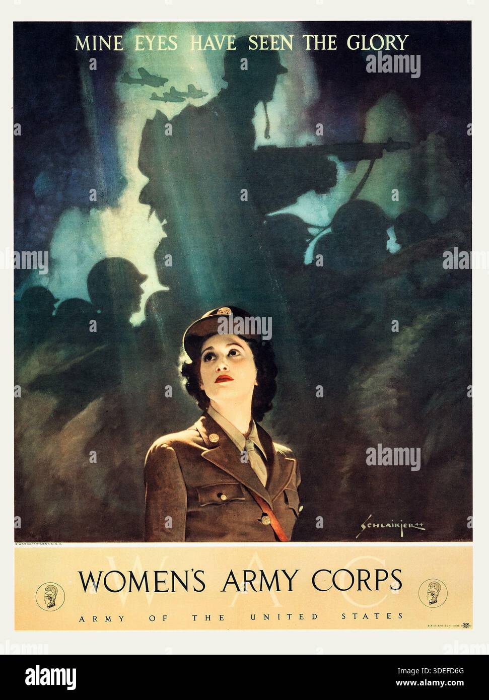 Poster della propaganda americana della seconda guerra mondiale (U.S. Government Printing Office, 1944) poster del corpo dell'esercito femminile "Mine Eyes Have Seen the Glory", Jes Wilhelm Schlaikjer ArtWork - vintage Looking Foto Stock