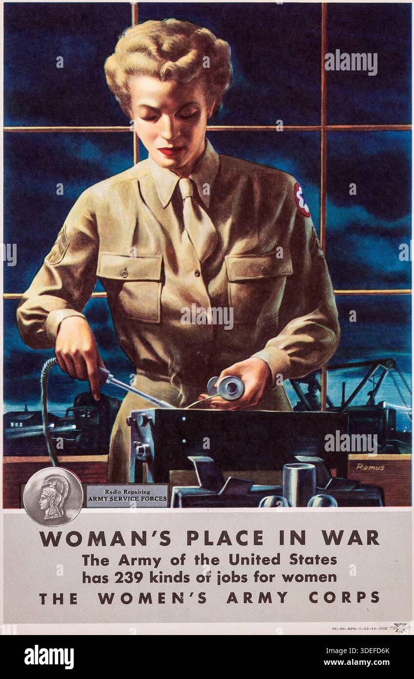 American World War II Propaganda poster (U.S. Government Printing Office, 1944). Recruiting poster "A Woman's Place in the War", Irving Cooper and Ramus ArtWork - Woman in Uniform, Women's Army Corps Foto Stock