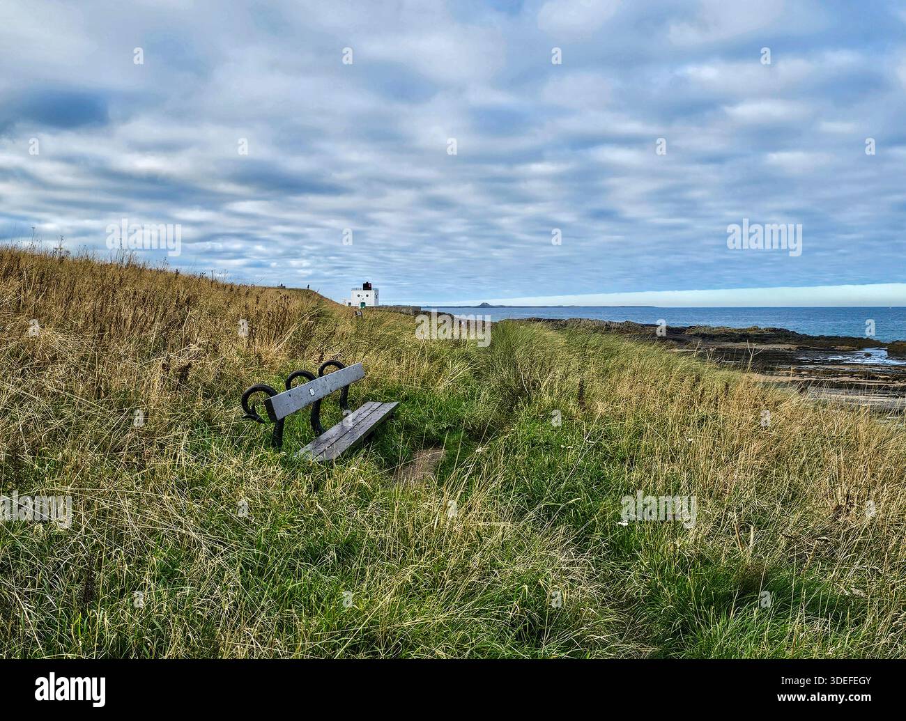 Panca con vista sul Mare del Nord e sul faro di Blackrocks Point, Beamburg, Northumberland Foto Stock