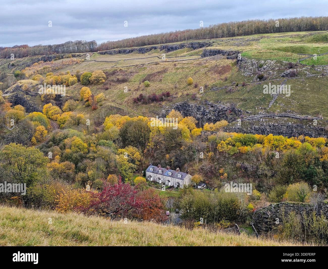 Chee Dale Gorge, Peak District, Derbyshire. Vista dal Topley Pike layby sulla A6. Wye Valley sito di particolare interesse scientifico. Foto Stock