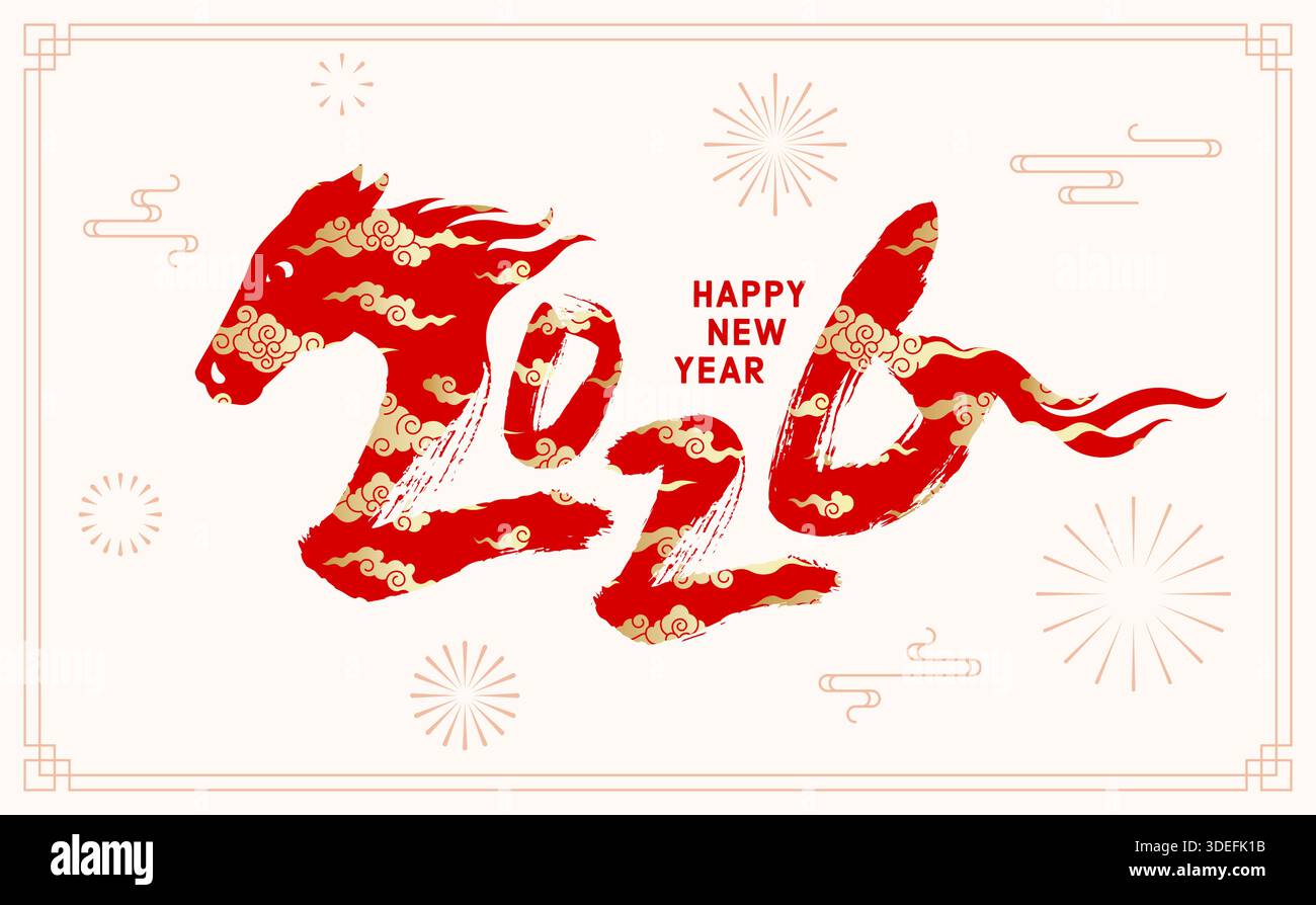 Felice Capodanno cinese 2026 modello di design biglietto d'auguri con logo pennello 2026 e cavallo su sfondo festivo, numero rosso 2026 disegnato a mano con oro c Illustrazione Vettoriale
