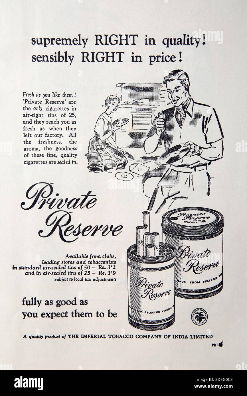 1950 's Advertisement of the Private Reserve Cigarette A Product from the Imperial Tobacco Company of India Limited Foto Stock
