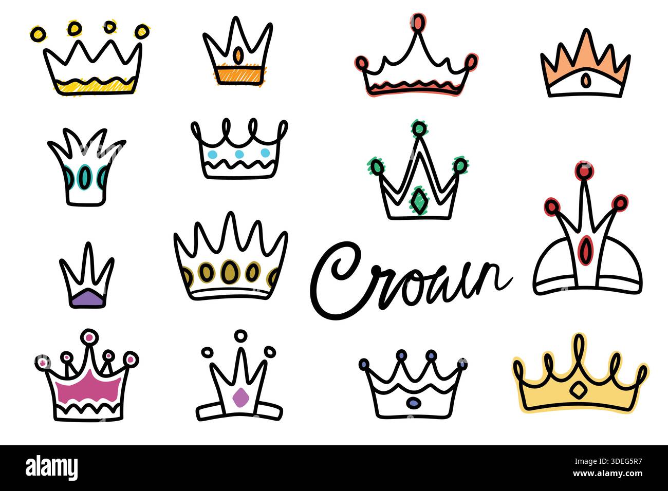 Scarabocchi a corona disegnati a mano in vari stili e colori Illustrazione Vettoriale