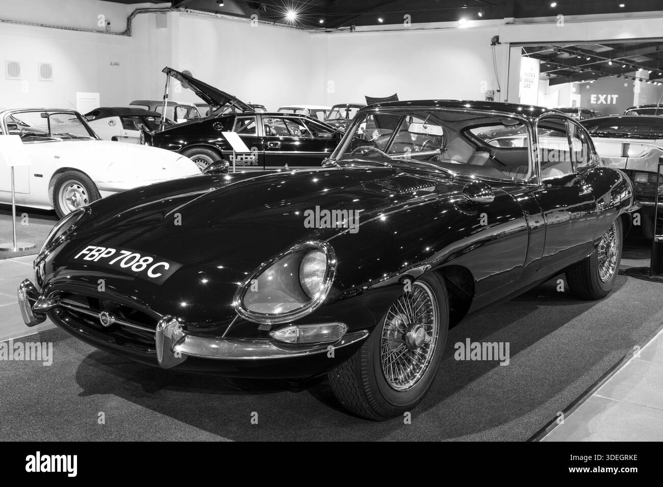 Sparkford.Somerset.Regno Unito.12 gennaio 2025.Una serie 1 e Type Jaguar del 1965 è in mostra all'Haynes Motor Museum di Somerset Foto Stock