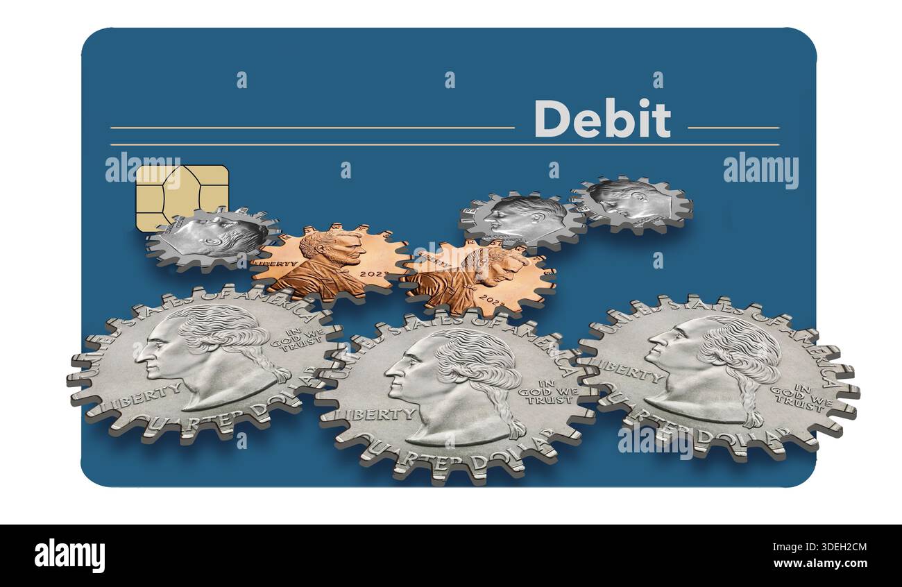 Credito, debito, risparmio e assegni possono mantenere i tuoi soldi sempre sotto controllo. Questo è il tema di questa illustrazione in 3D degli ingranaggi di lavoro del denaro Foto Stock