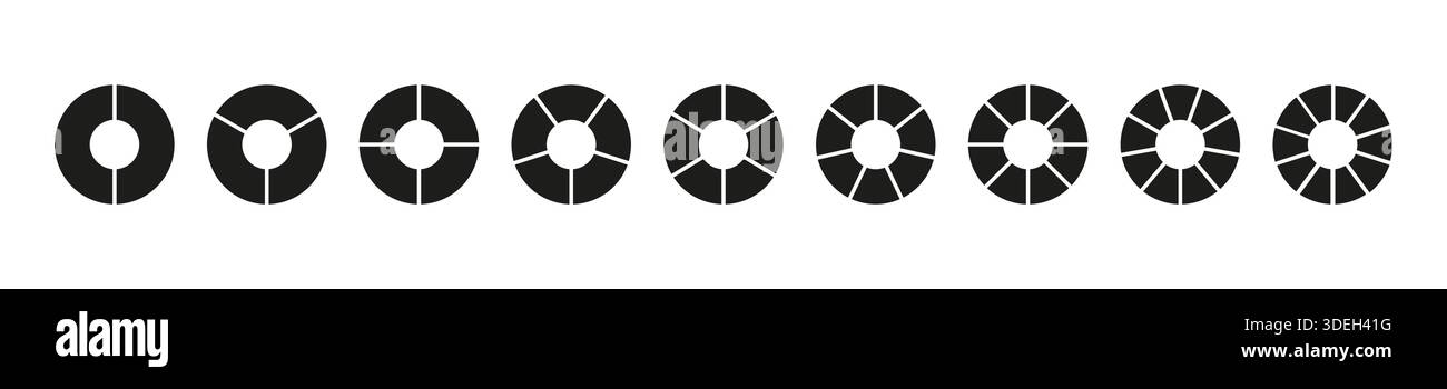 Divisione cerchio su 2, 3, 4, 5, 6, 7, 8, 9, 10 parti uguali. Diagrammi rotondi delle ruote divisi per due o dieci segmenti. Vuoto coaching. Set di infografiche. Illustrazione Vettoriale
