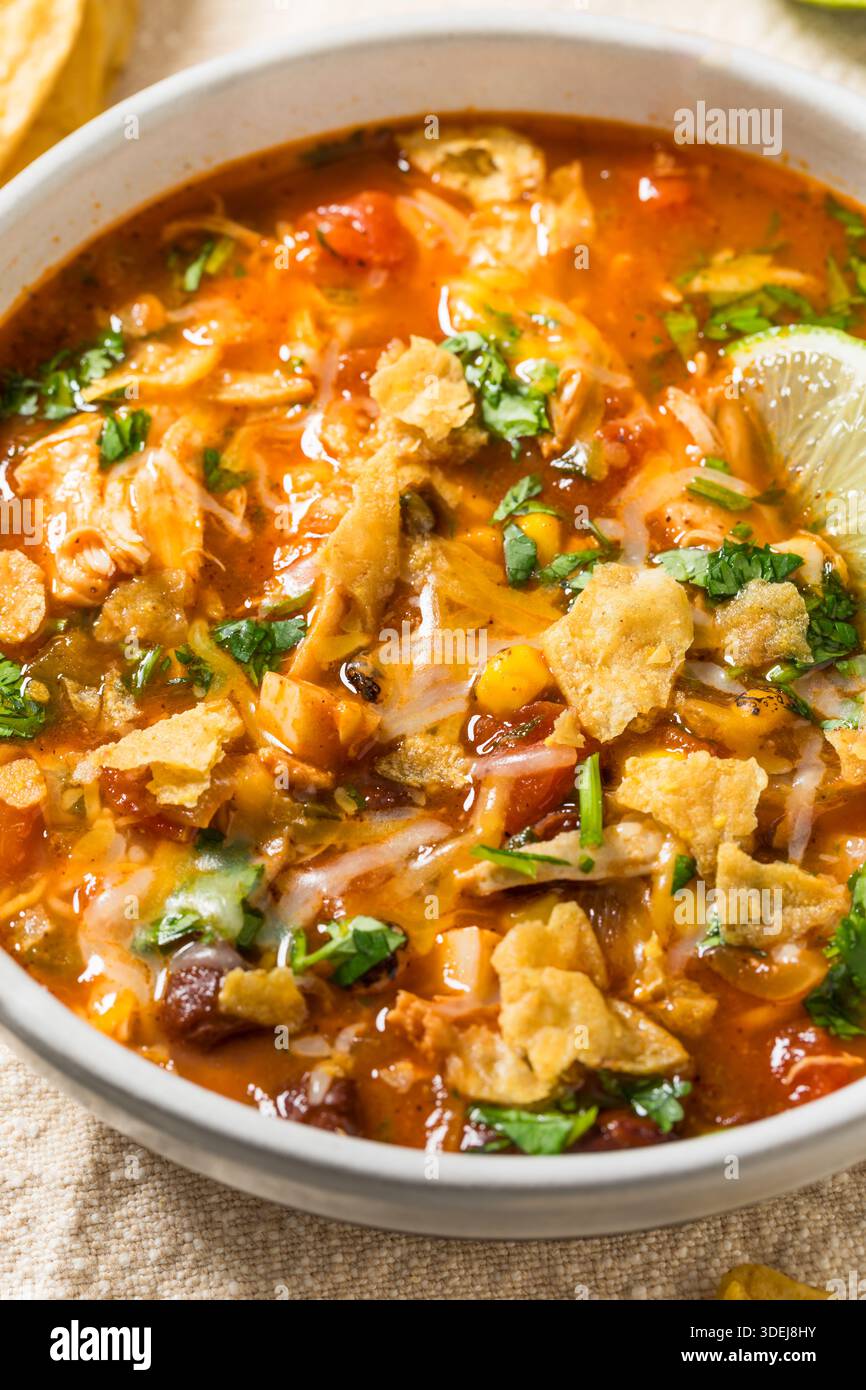 Saporita zuppa di tortilla di pollo fatta in casa con fagioli e mais Foto Stock