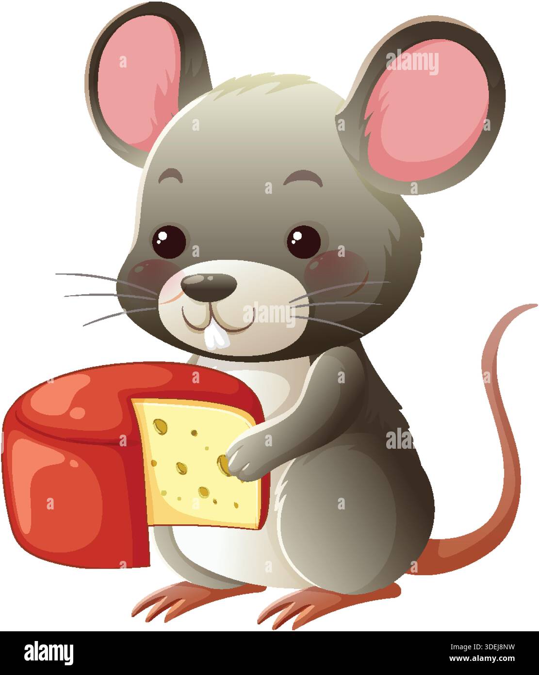 Adorabile topo grigio con grandi orecchie che reggono formaggio giallo, illustrazione vettoriale colorata, sfondo bianco Illustrazione Vettoriale