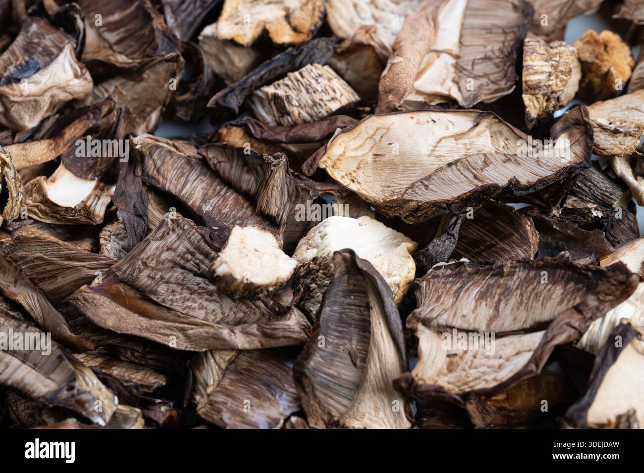 primi piani di funghi secchi che fanno tendenza al cibo funghi visivi a fette disposti per contenuti sociali e scatti da eroe della ricetta, luce naturale calda, composito textureforward Foto Stock