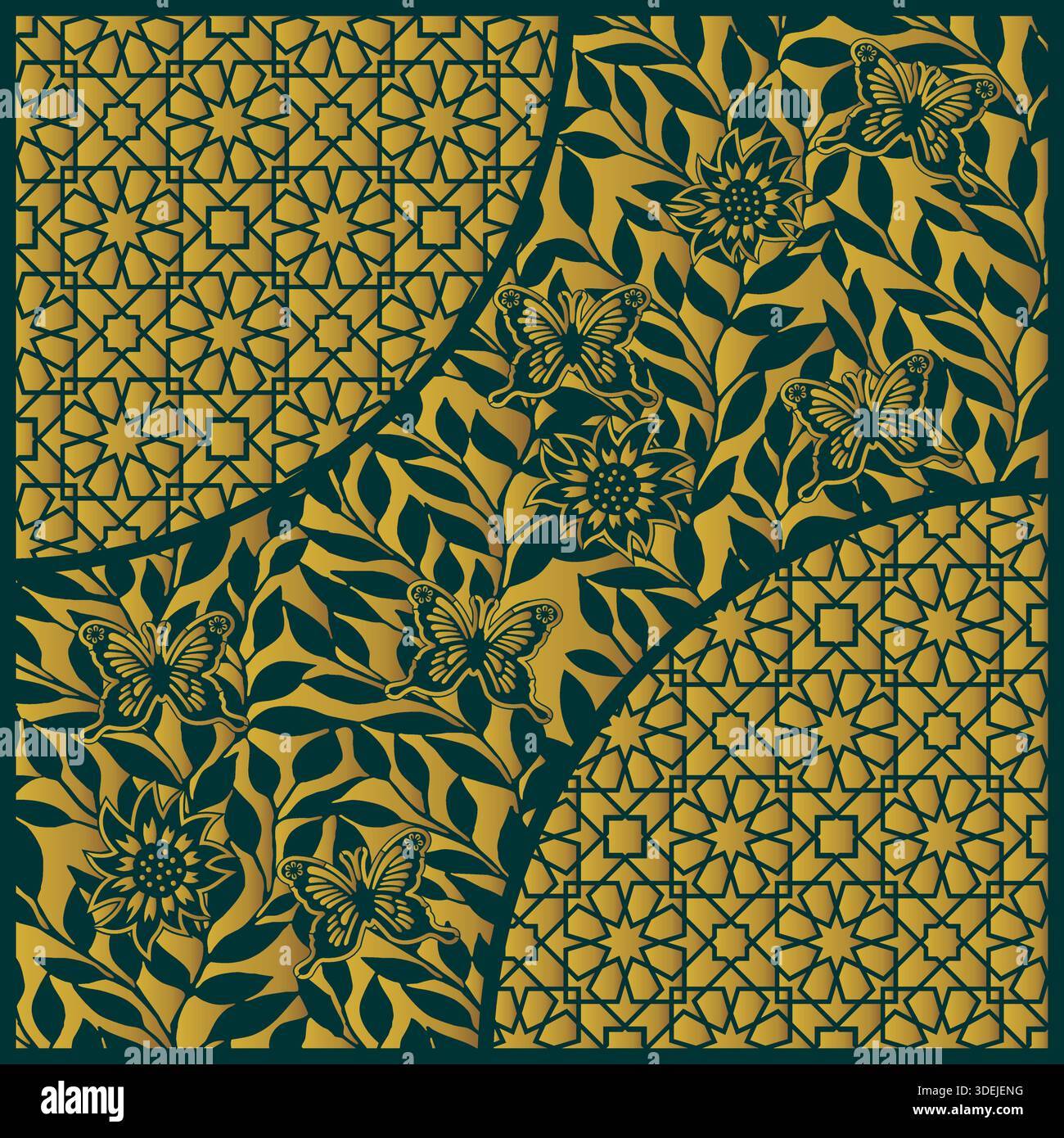 Pannello decorativo con taglio laser caratterizzato da reticolo geometrico misto e motivi floreali a farfalla Illustrazione Vettoriale