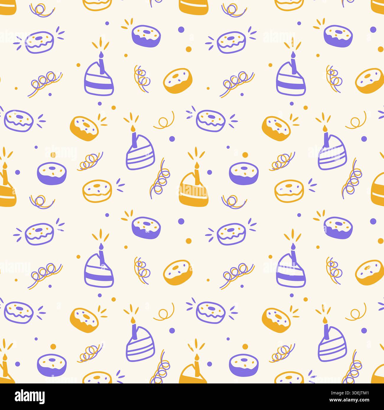 Auguri di compleanno con ciambelle e fette di torta con contorni e silhouette a forma di candelabro, viola e oro. Illustrazione vettoriale Illustrazione Vettoriale