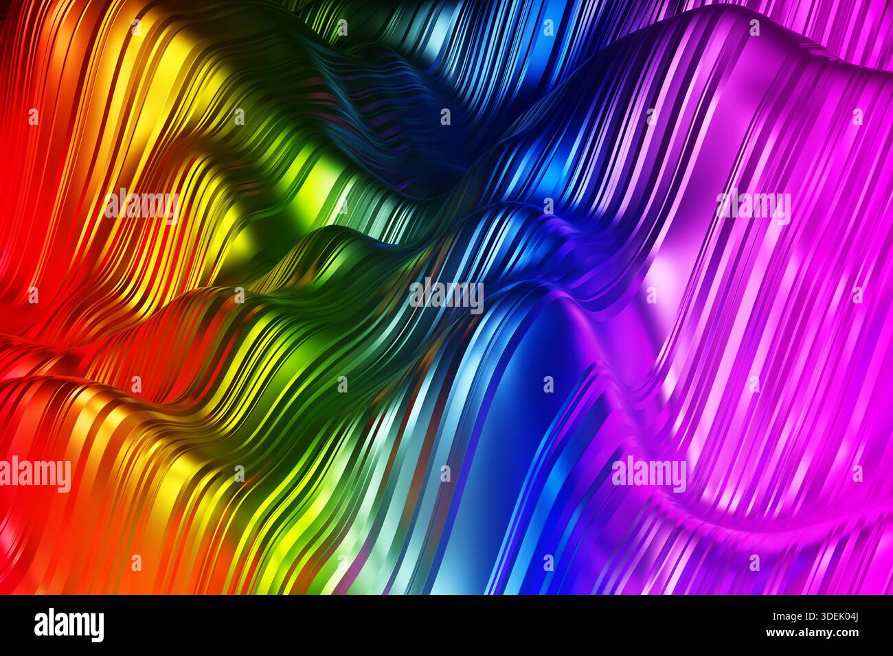 Sfondo digitale astratto con onde fluide e colori arcobaleno vivaci. Nessuna persona presente. Design moderno che trasmette creatività, energia e m Foto Stock