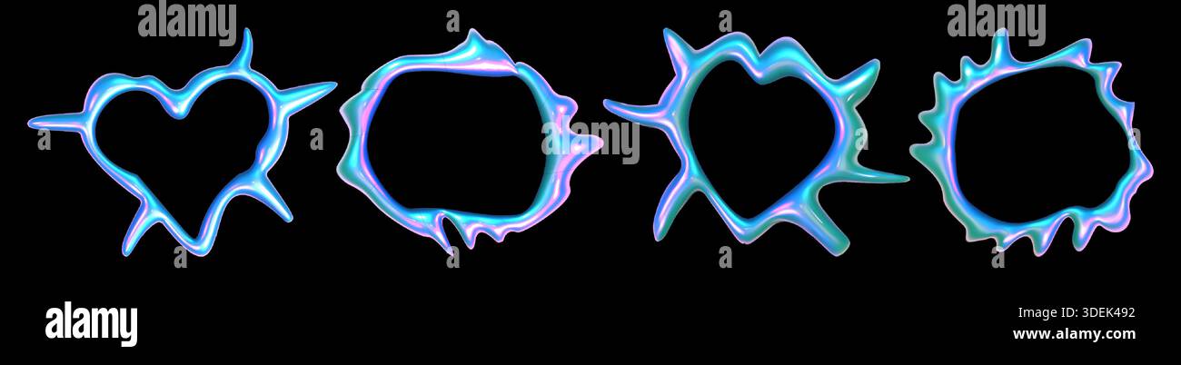 Cornici cromate astratte y2k isolate su sfondo nero. Illustrazione vettoriale realistica del cuore olografico e dei bordi di forma rotonda, elemento di design metallico argento con superficie lucida iridescente Illustrazione Vettoriale
