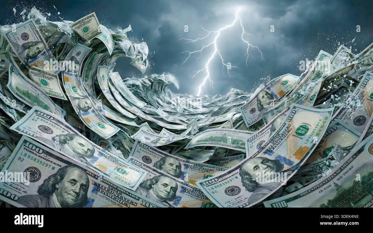 Wellen aus Dollaro americano-Scheinen: Stürmische Zeiten für den Dollar Symbolbild zum Thema Finanzkrise, Finanzcrash, Turbulenzen auf dem Finanzmarkt usw. In den USA *** ondate di banconote in dollari USA Stormy Times per il dollaro immagine simbolica della crisi finanziaria, del crollo finanziario, delle turbolenze sul mercato finanziario, ecc. negli Stati Uniti Foto Stock