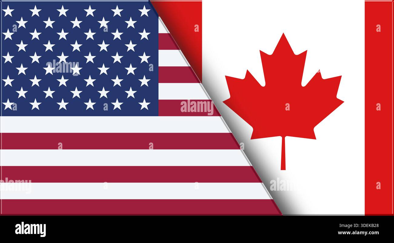 Bandiere degli Stati Uniti e del Canada. Due bandiere insieme Stati Uniti e Canada. Relazioni Stati Uniti - Canada. Competizioni sportive tra paesi. 3D. Foto Stock
