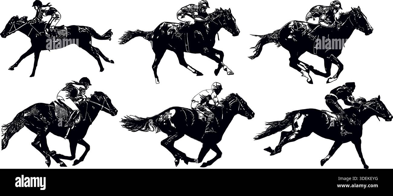 Set di immagini in bianco e nero di un cavallo da corsa con un fantino Foto Stock