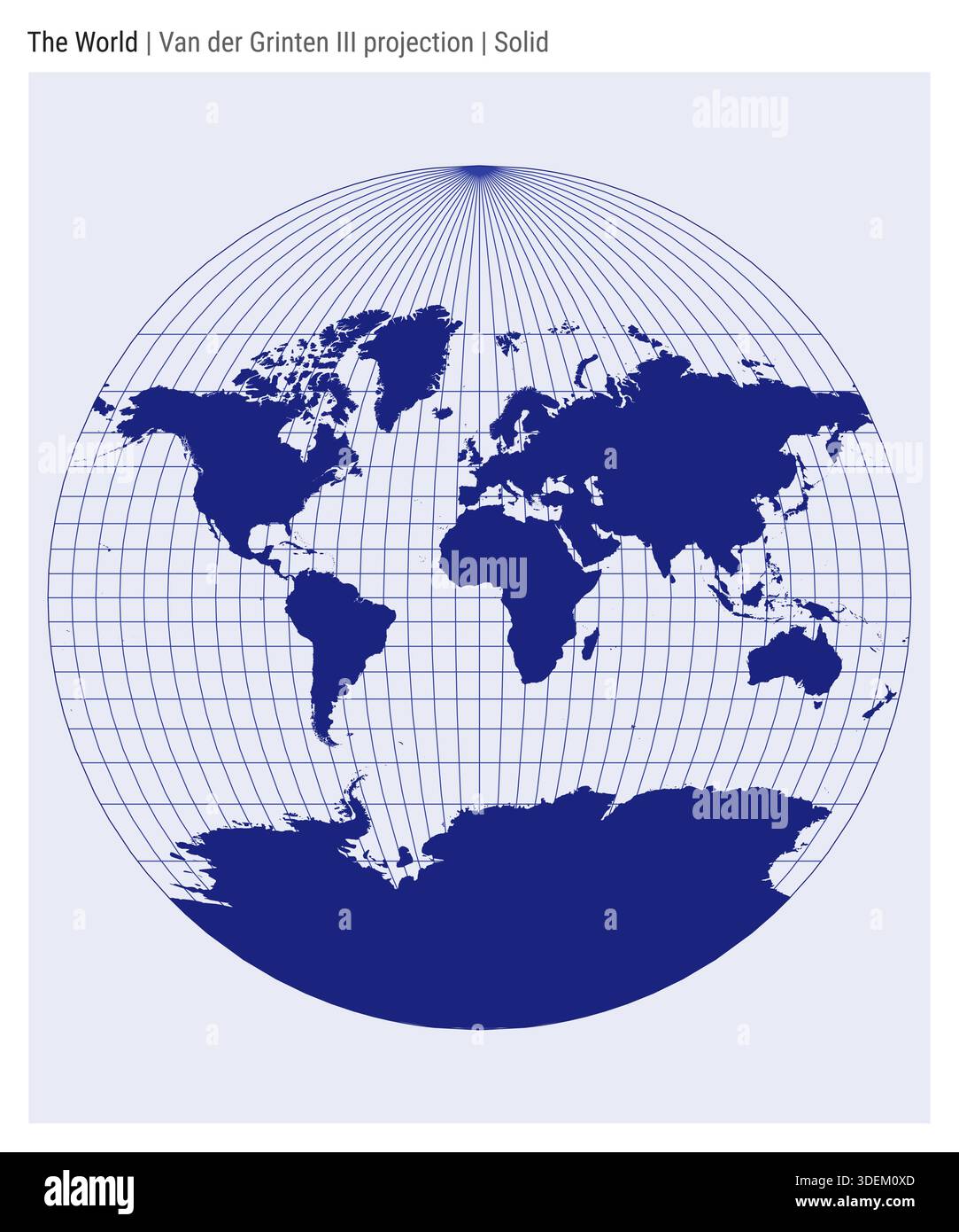 Mappa del mondo. Proiezione Van der Grinten III. Stile solido. Mappa mondiale dettagliata per infografiche, istruzione, report e presentazioni. Illustrazione Vettoriale