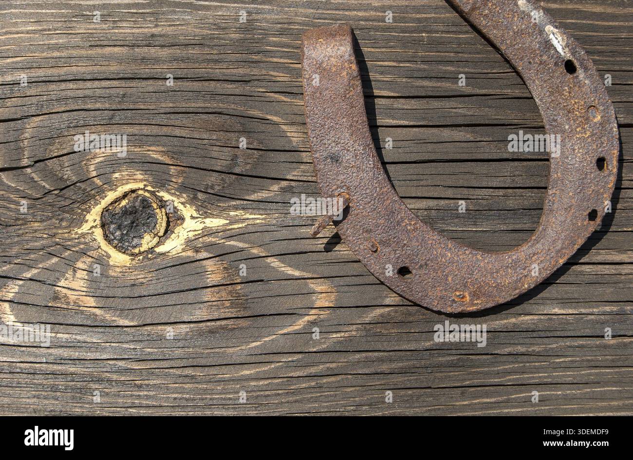 Vecchia tavola di legno con zigrinatura e ferro di cavallo arrugginito Foto Stock