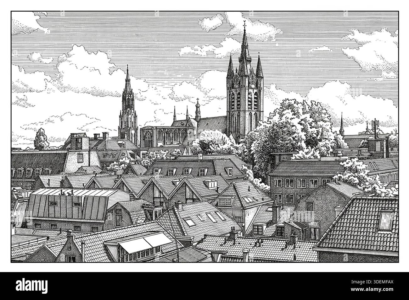 Disegno a penna dettagliato del paesaggio urbano di Delft con torri e tetti della chiesa. Illustrazione in bianco e nero dello storico centro cittadino olandese. Foto Stock