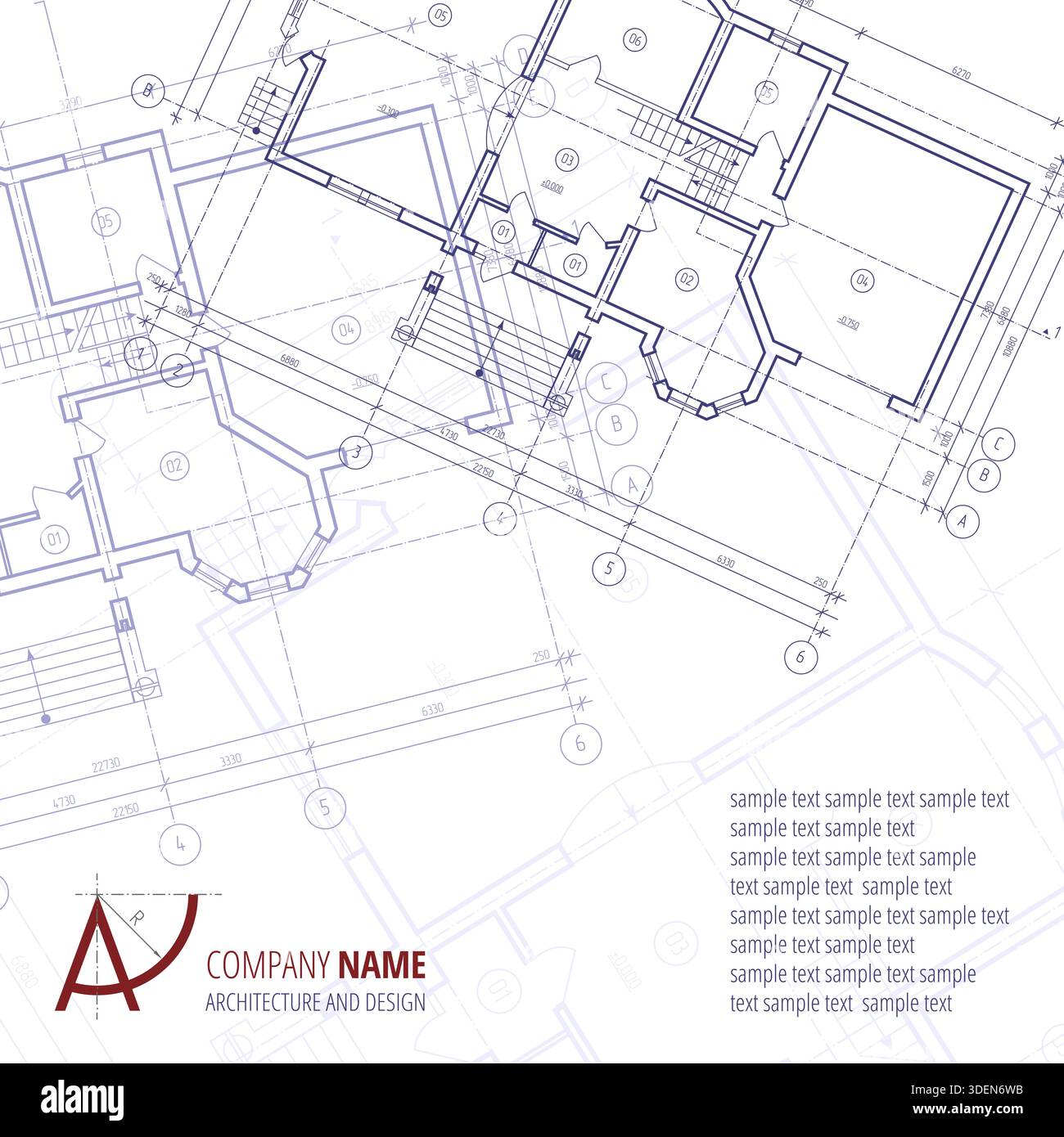 Sfondo vettoriale architettonico. Silhouette blu del piano di costruzione e logo A-Letter architettura e design Company Foto Stock