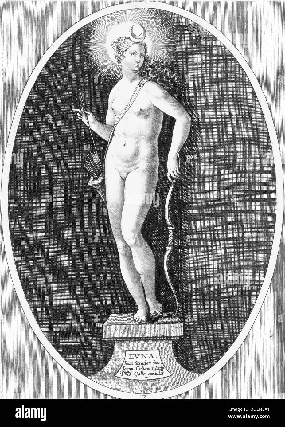 Jan van der Straet (Stradanus) - i sette pianeti - c1600 - Jan Collaert II o Adriaen Collaert incisore - Luna (Luna): Raffigurata come la dea Diana/Luna, associata alla notte, alla caccia e al temperamento flemmatico (calma/non emozionale). Foto Stock