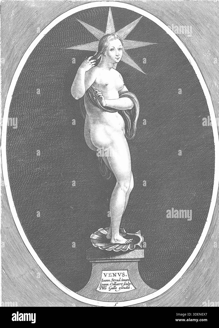 Jan van der Straet (Stradanus) - i sette pianeti - c1600 - Jan Collaert II o Adriaen Collaert incisore - Venere: La dea dell'amore e della bellezza, solitamente rappresentata accompagnata da Cupido e associata alla musica, alle attività ricreative e al temperamento amoroso. Foto Stock