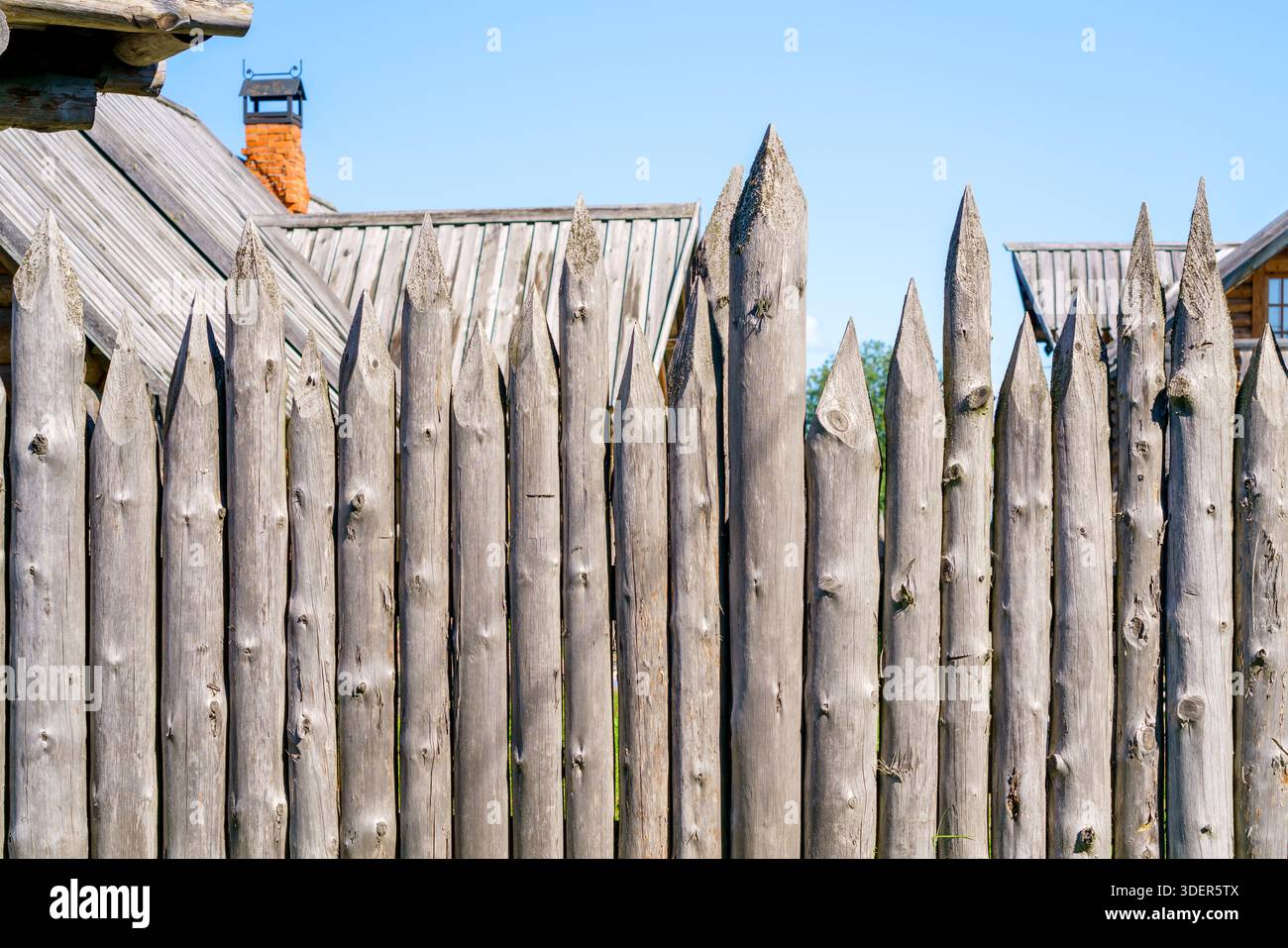 Recinzione in legno fatta di tronchi. Scherma dalla posta in gioco. Foto Stock