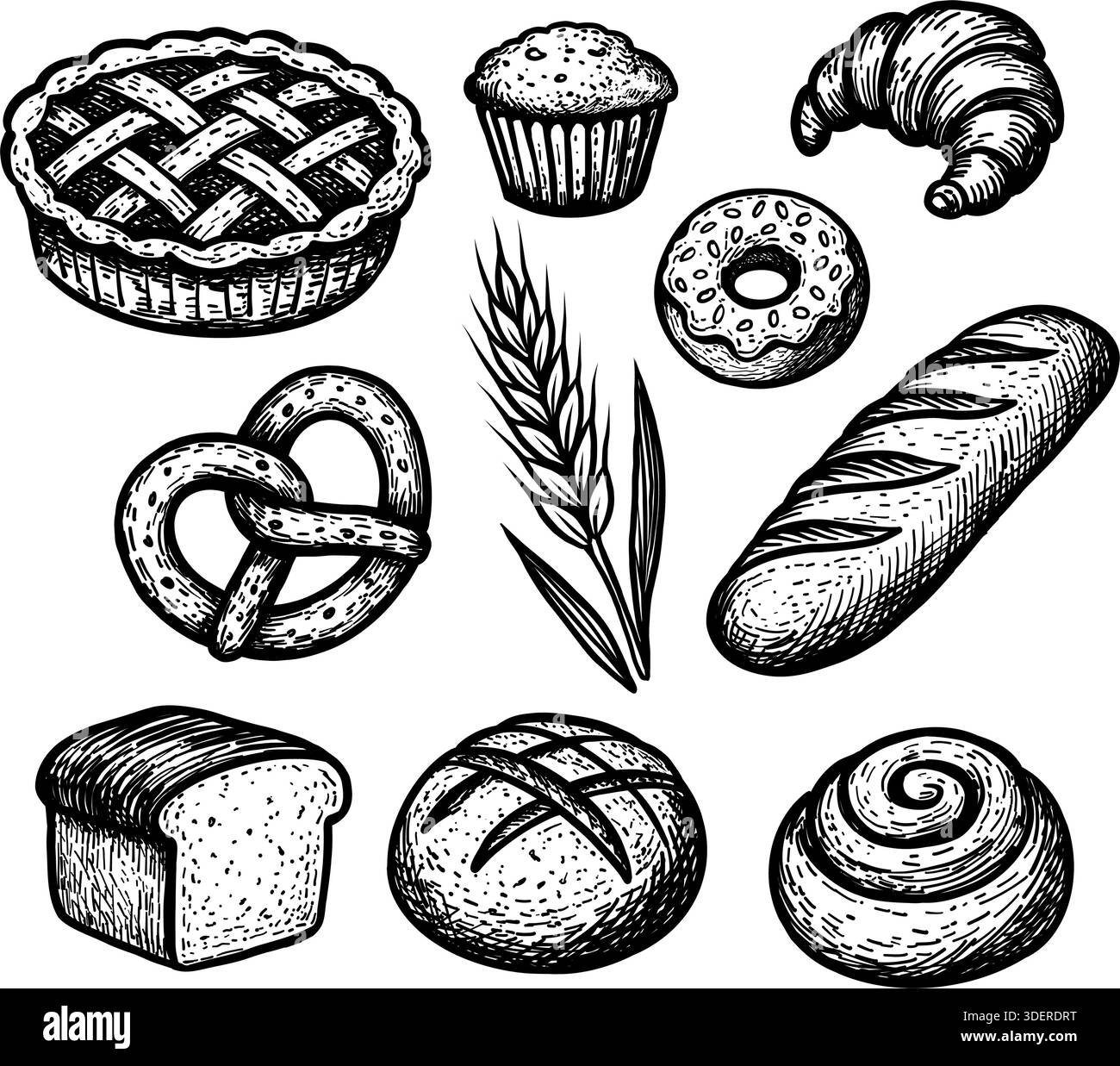 illustrazione. Set di prodotti da forno disegnati a mano e prodotti da forno per pasticceria. arte di linea di pane, torta, croissant, involtino alla cannella, ciambelle, cupcake. Illustrazione Vettoriale