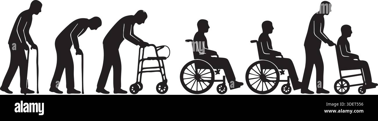 Una serie completa di silhouette nere che illustrano la progressione della mobilità umana, dal camminare con un bastone all'uso di una sedia a rotelle. Perfetto per me Illustrazione Vettoriale