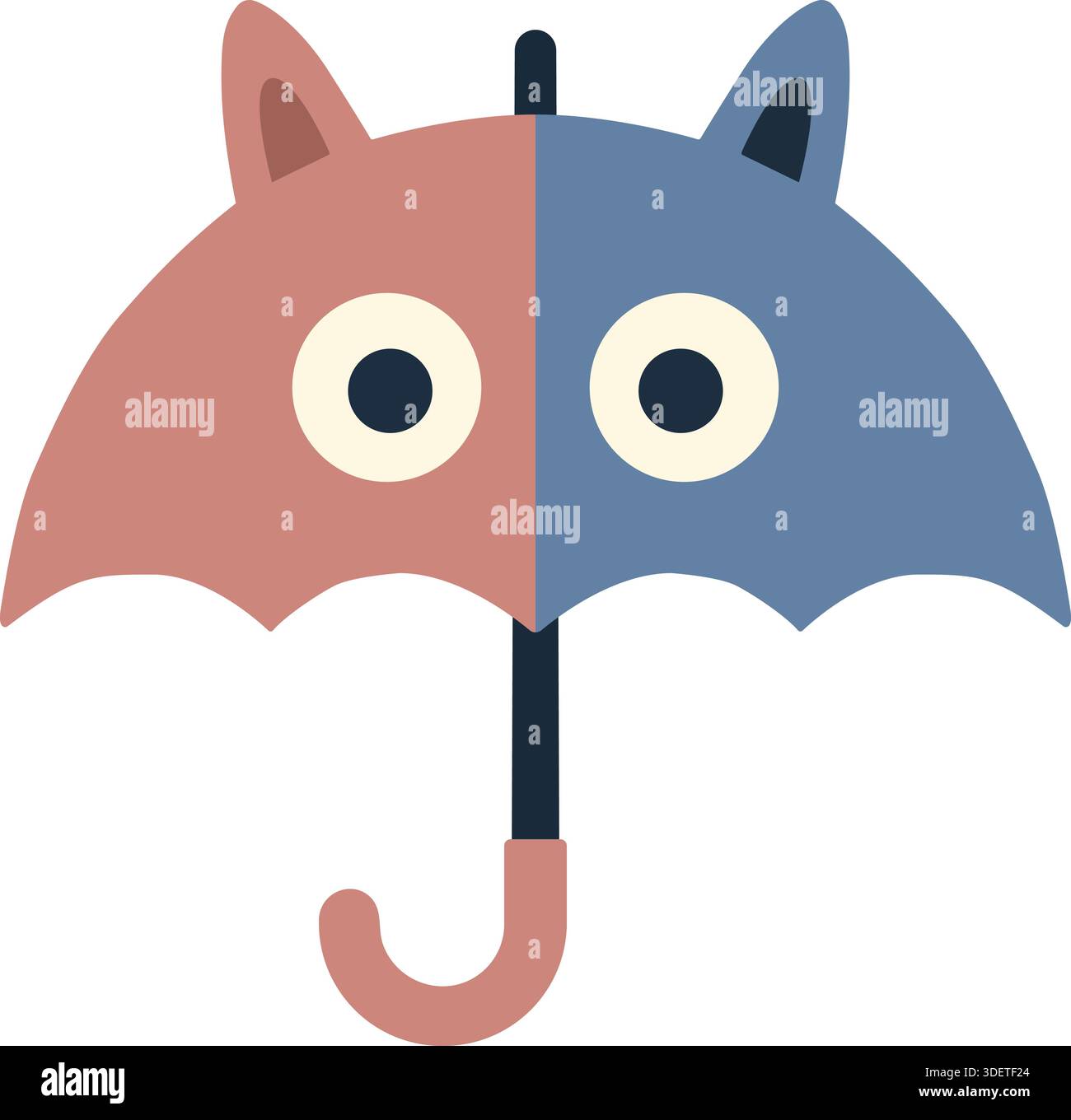 Un simpatico ombrello bicolore con orecchie di gatto e grandi occhi rotondi sul tettuccio e un manico con gancio. Illustrazione Vettoriale