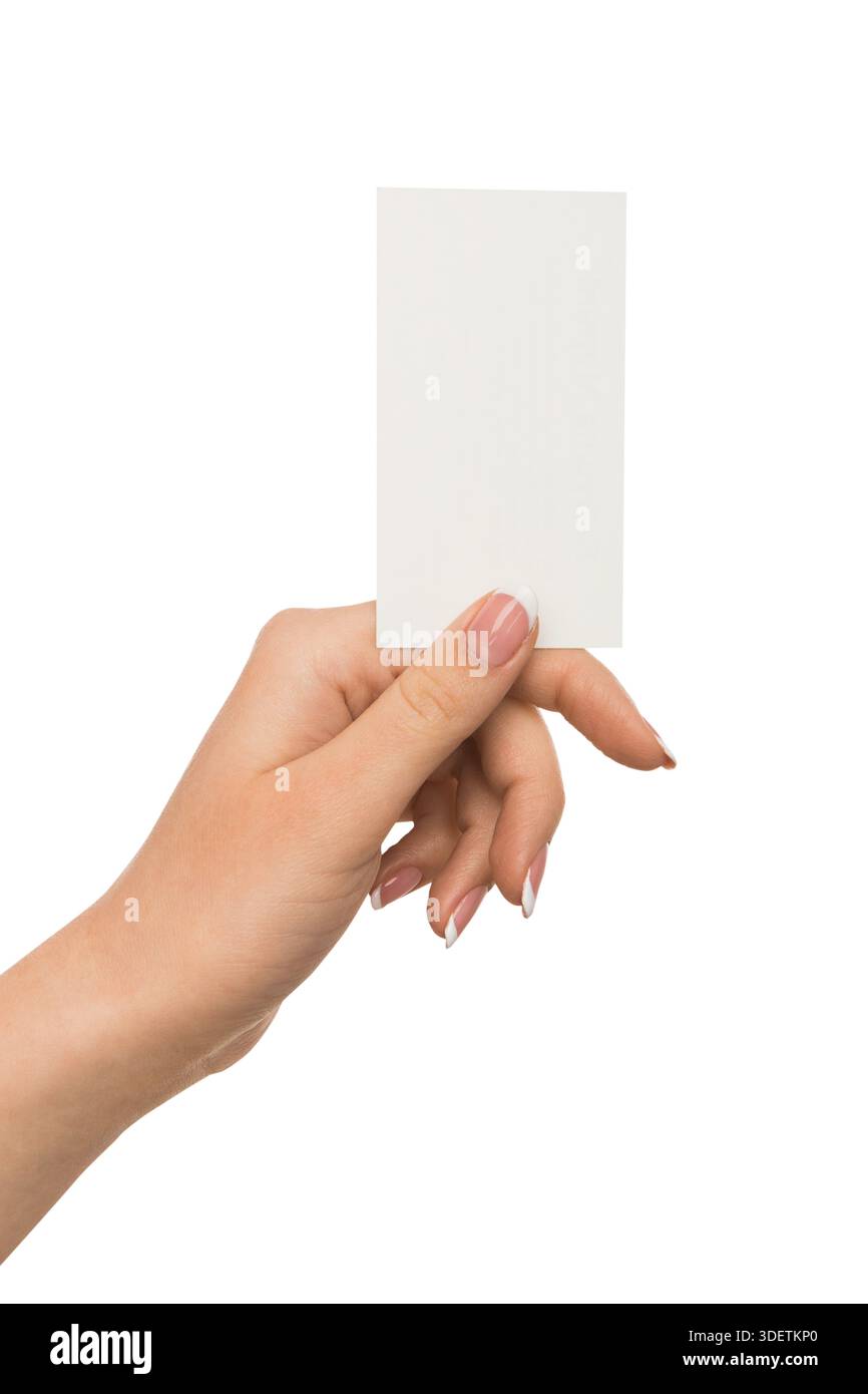 Mano umana che tiene in mano una scheda vuota per un messaggio di testo Foto Stock