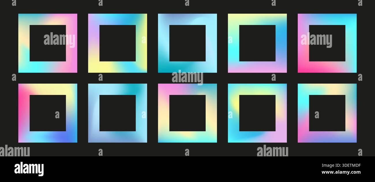 Set di cornici per gradiente arcobaleno. Bordo olografico dell'unicorno Illustrazione Vettoriale