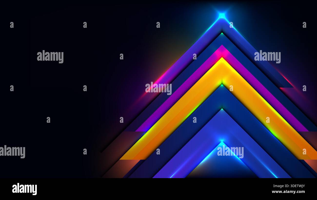 Le vivaci frecce geometriche al neon puntano verso l'alto su uno sfondo scuro in questa grafica digitale creata per le aziende tecnologiche che desiderano mostrare la crescita e. Illustrazione Vettoriale