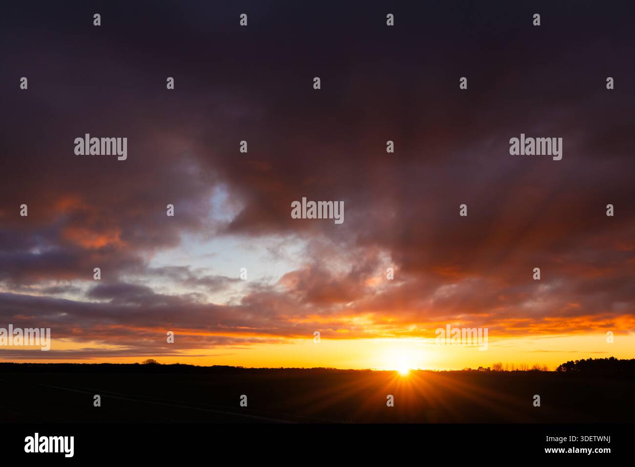 Tramonto rurale all'orizzonte con un sole dorato e nuvole pesanti. Nessun paesaggio di persone a Norfolk in Inghilterra Foto Stock