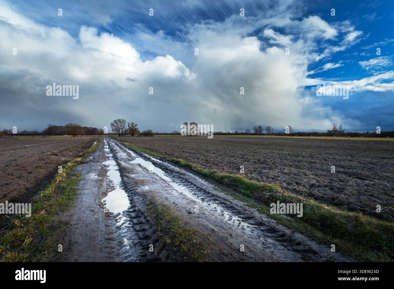 Nuvole dinamiche su strade sterrate e campi rurali, Nowiny, Polonia Foto Stock