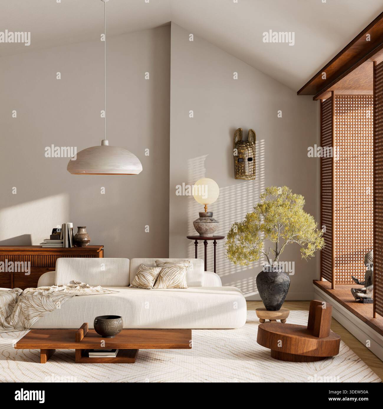 Materiali naturali e accenti in legno arricchiscono l'atmosfera accogliente, mentre tessuti morbidi e decorazioni strutturate bilanciano la composizione minimalista. 3D illust Foto Stock