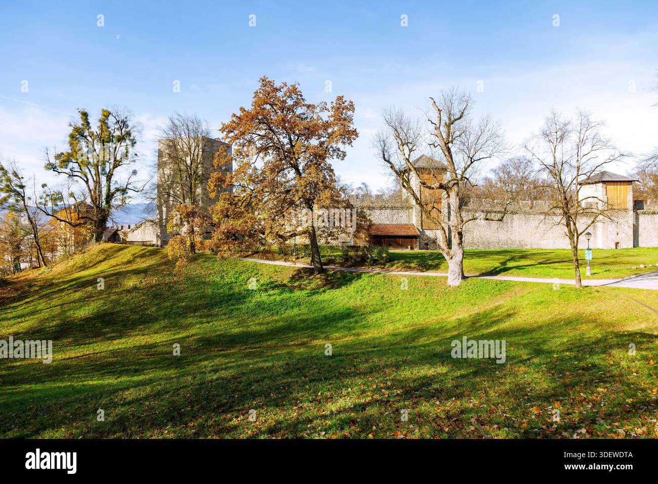 Difesa civile e alberi autunnali sul Mönchsberg, Salisburgo, Salisburgo, Austria Foto Stock