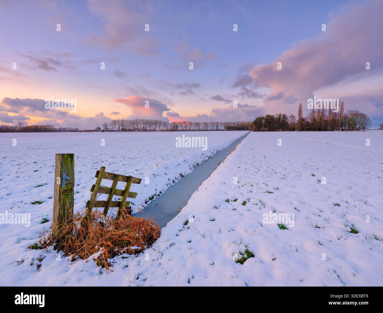 Tramonto su un paesaggio innevato vicino a Noordeloos, Utrecht, Paesi Bassi con un cielo colorato Foto Stock