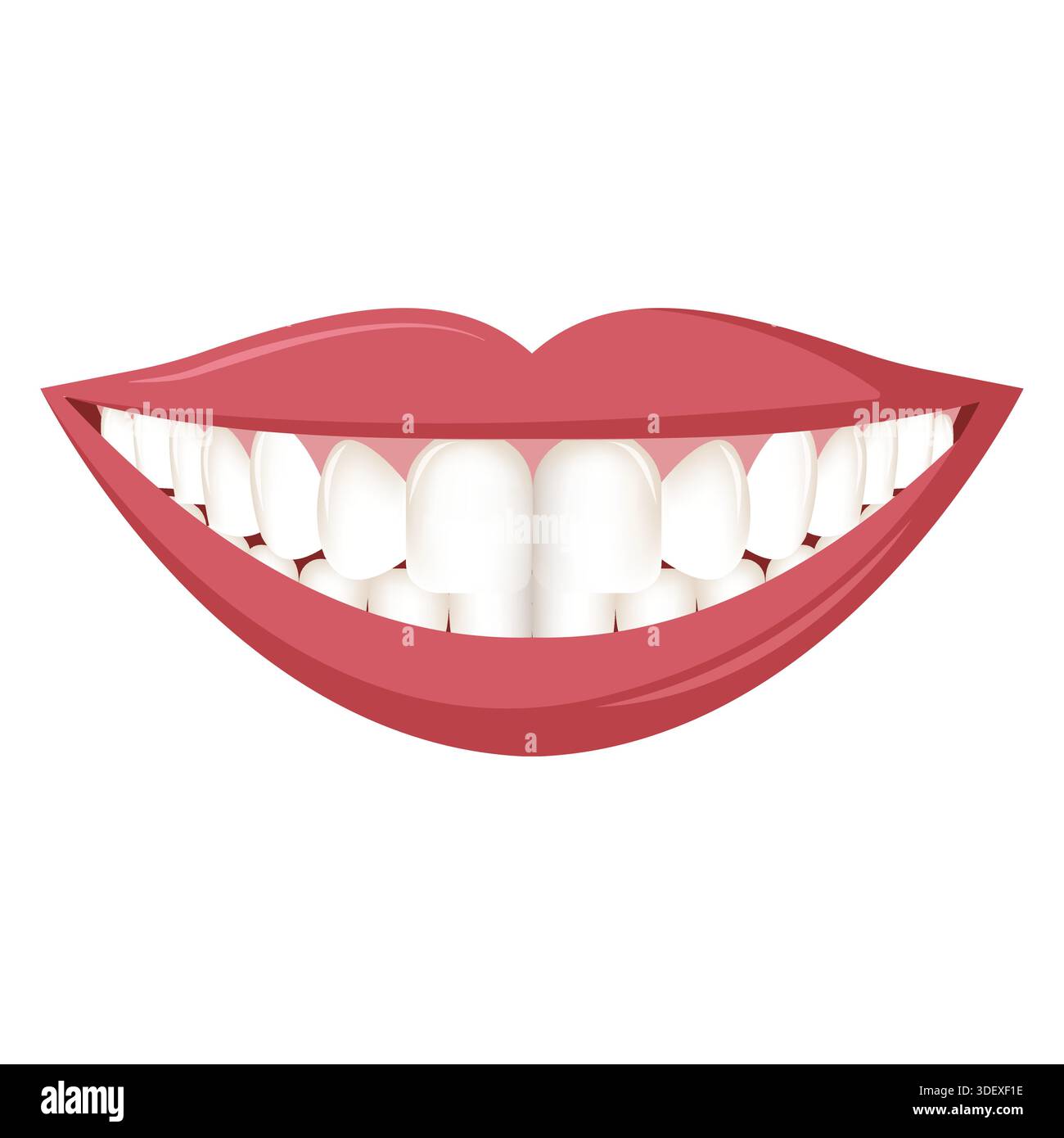 Bella bocca sorridente con denti sani in stile piatto su sfondo bianco Illustrazione Vettoriale