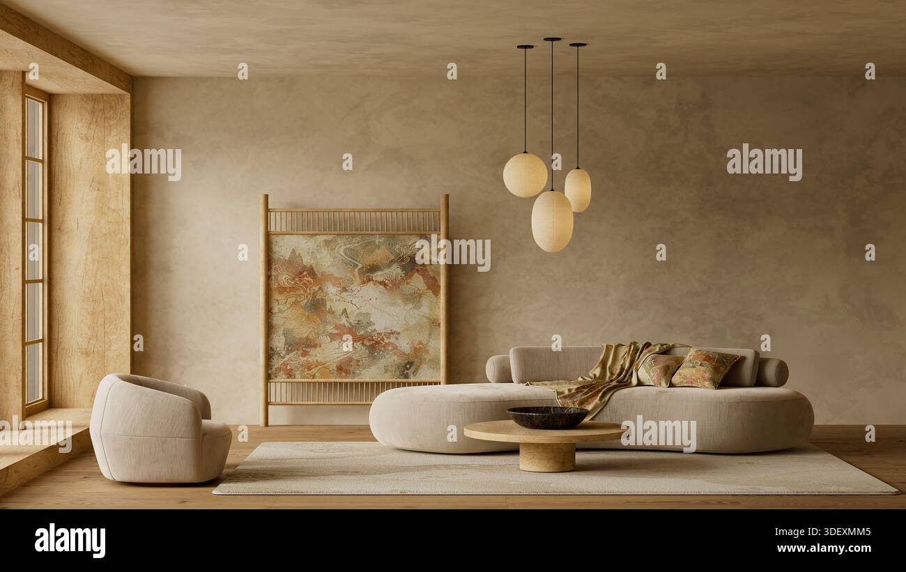 Soggiorno japandi minimale con texture organiche, mobili bassi e luce soffusa, progettato per interni tranquilli, stili di vita moderni e vi premium Foto Stock