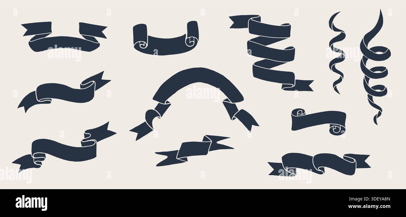 Set di icone per striscioni a nastro neri disegnati a mano Illustrazione Vettoriale