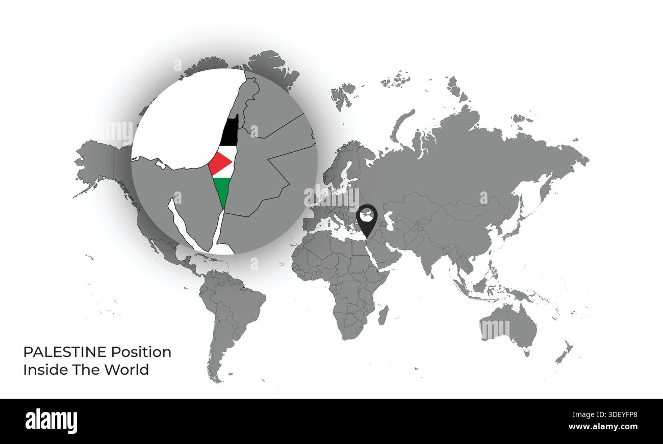PALESTINA posizione nel mondo con bandiera in Mappa Illustrazione Vettoriale