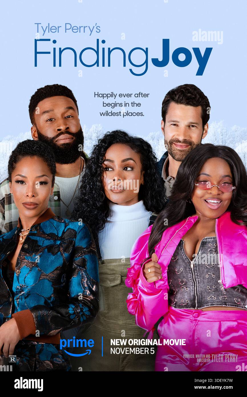 Finding Joy di Tyler Perry (2025) diretto da Tyler Perry e interpretato da Shannon Thornton, Tosin Morohunfola e Brittany S. Hall. Una stilista di New York di talento ma trascurata è bloccata nel Colorado innevato dopo una dolorosa rottura delle vacanze, dove trova un amore inaspettato che riforma la sua vita e la sua carriera. SOLO PER USO EDITORIALE di poster pubblicitari NEGLI STATI UNITI. Credito: BFA / Amazon prime Video Foto Stock