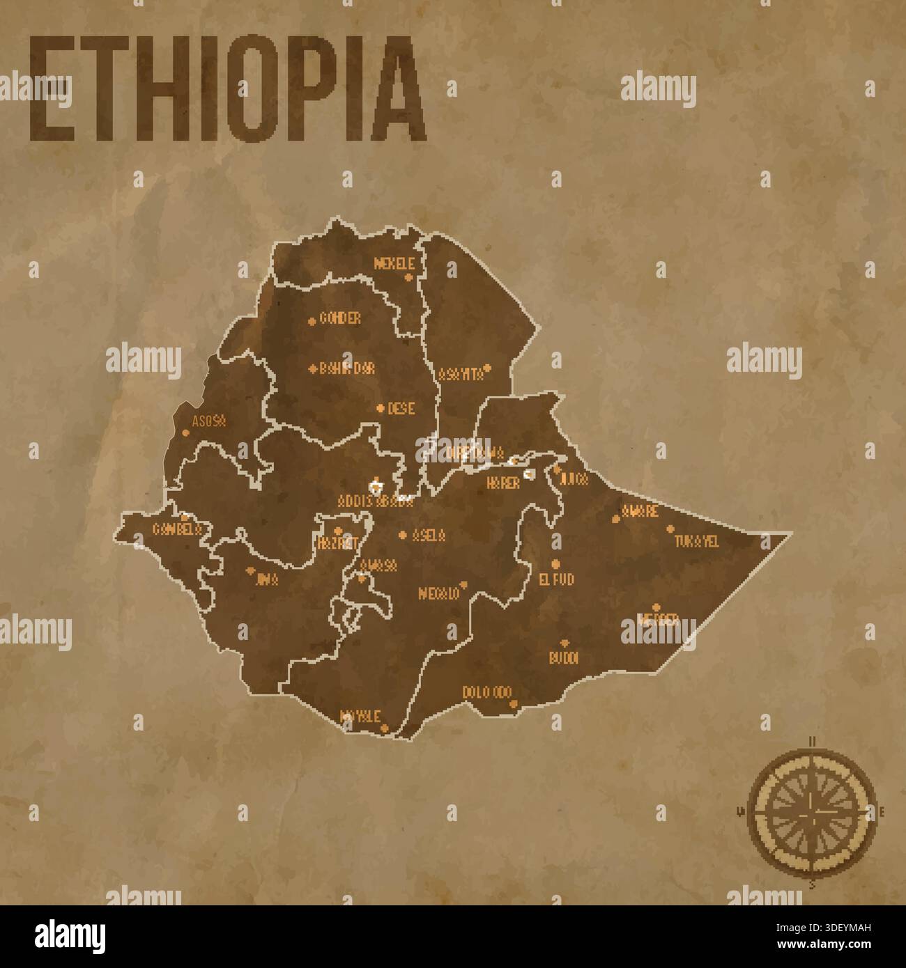 Carta d'epoca ETIOPIA con regioni confini e principali città posizioni Illustrazione Vettoriale
