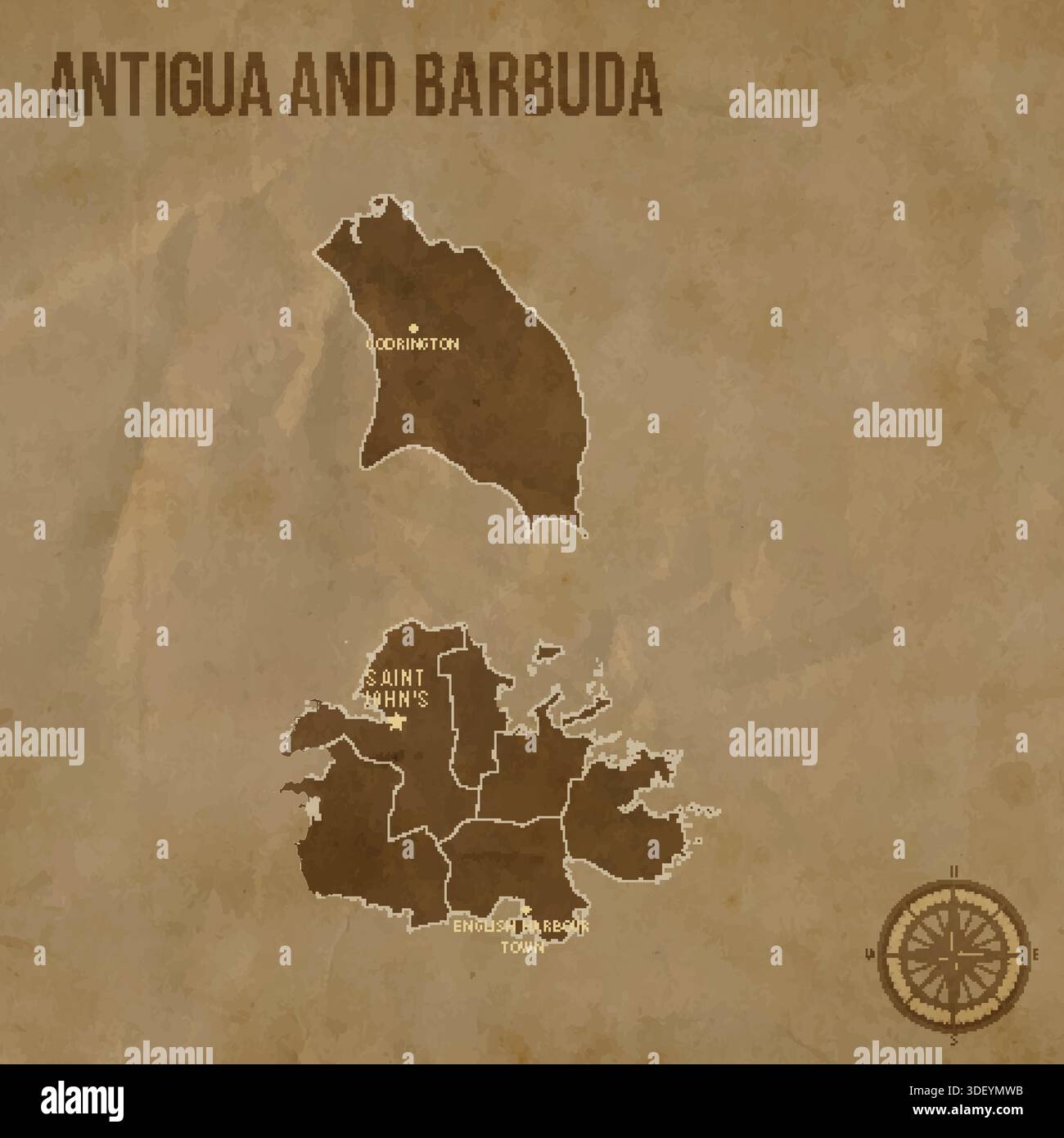 Mappa d'epoca di ANTIGUA E BARBUDA con regioni confini e principali città posizioni Illustrazione Vettoriale