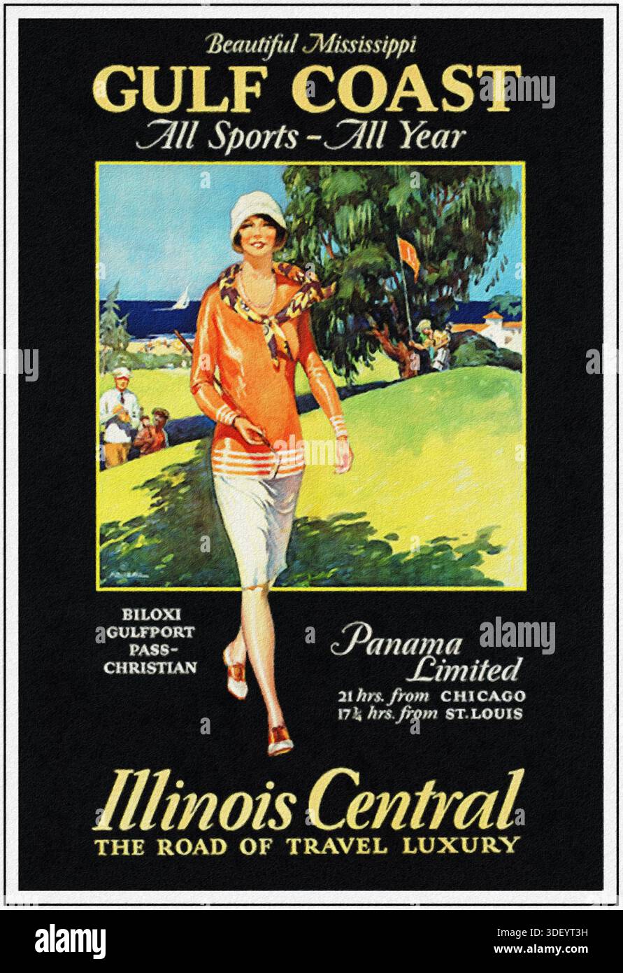 La splendida costa del Golfo del Mississippi. Tutti gli sport - tutto l'anno di Paul Proehl. Vintage Panama Limited, Illinois Central Railroad poster di viaggio pubblicato nel 1933. Foto Stock