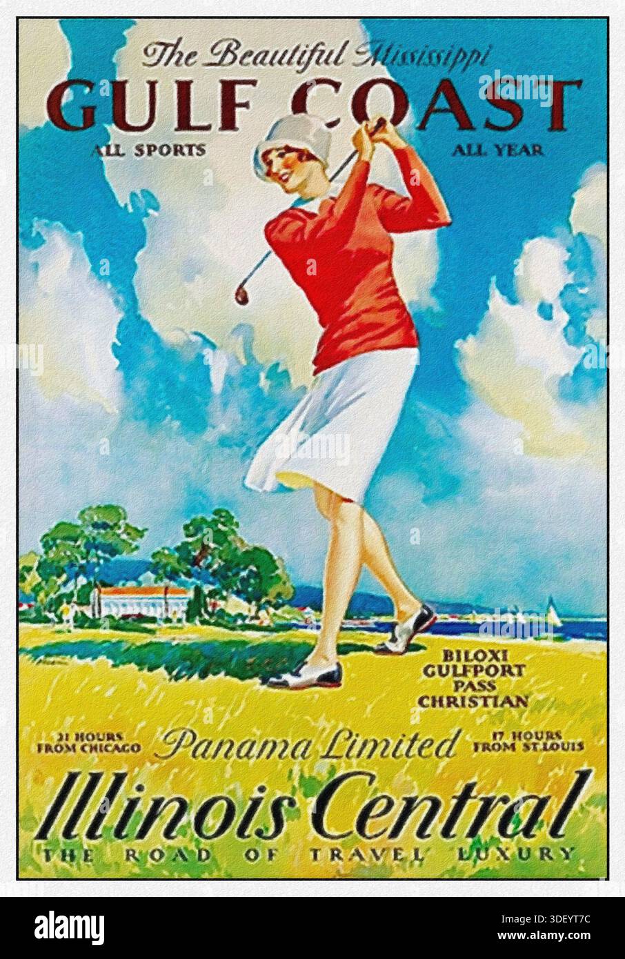 La splendida costa del Golfo del Mississippi. Tutti gli sport - tutto l'anno di Paul Proehl. Vintage Panama Limited, Illinois Central Railroad poster di viaggio pubblicato nel 1933. Foto Stock