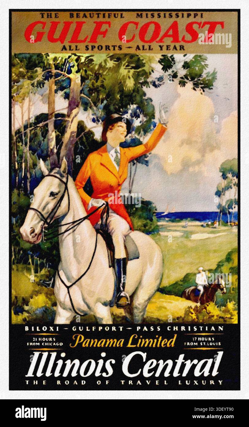 La splendida costa del Golfo del Mississippi. Tutti gli sport - tutto l'anno di Paul Proehl. Vintage Panama Limited, Illinois Central Railroad poster di viaggio pubblicato nel 1933. Foto Stock